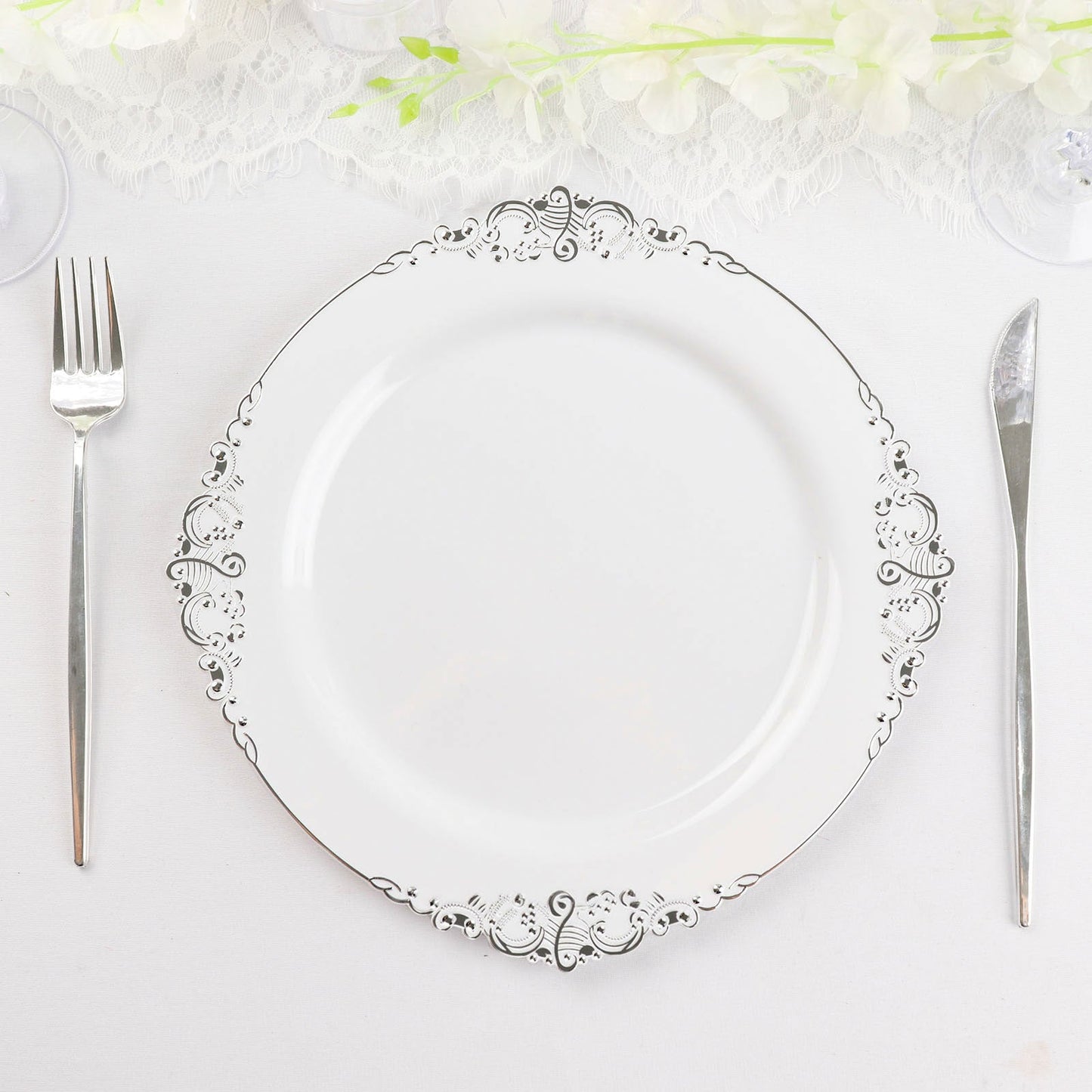 10 Pack 10" White Plastic Party Plates With Silver Leaf Embossed Baroque Rim, Round Disposable Dinner Plates