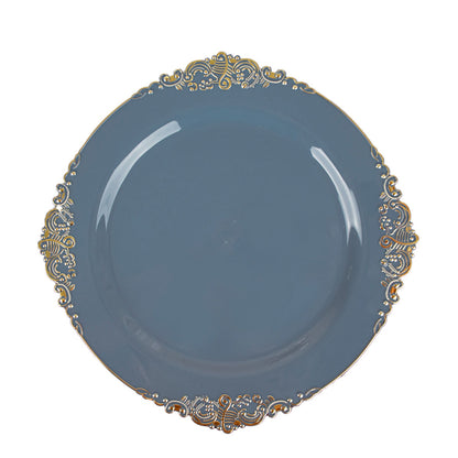 8 Inch Size Vintage Dusty Blue Color Gold Leaf Embossed Rim Round Plates