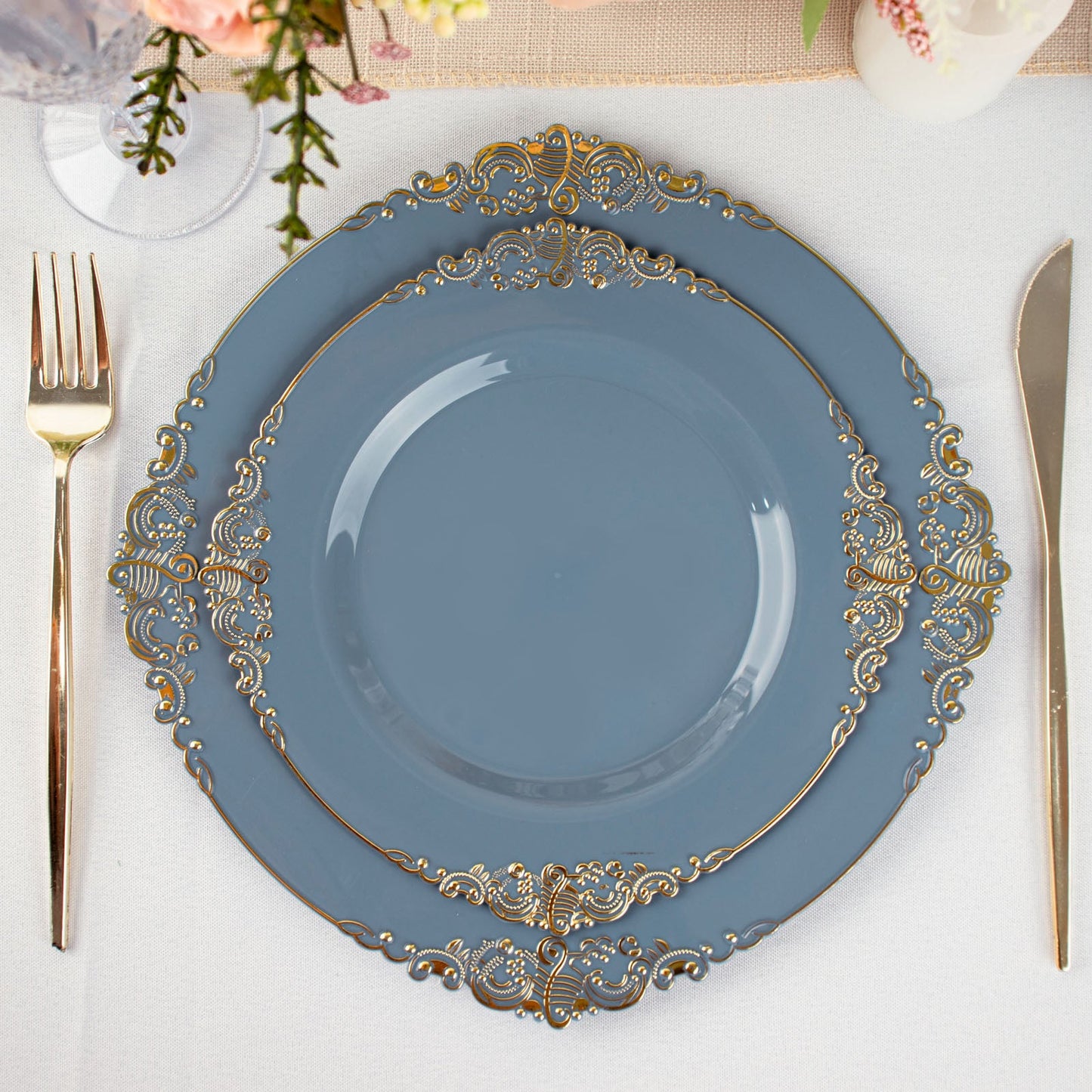 10 Pack 8" Dusty Blue Plastic Salad Plates With Gold Leaf Embossed Baroque Rim, Round Disposable Appetizer Dessert Plates