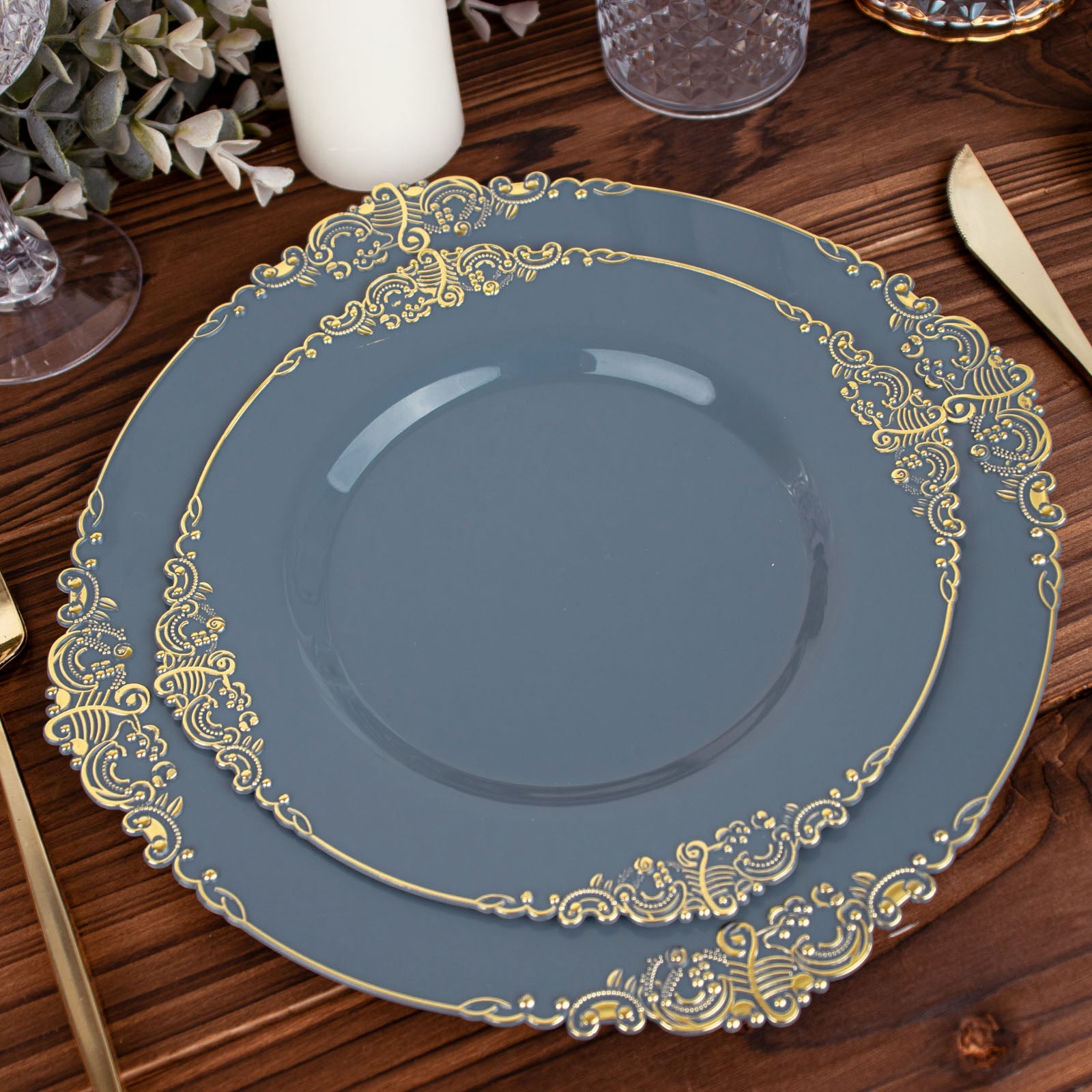 8 Inch Size Vintage Dusty Blue Plastic Plates With Gold Leaf Embossed Rim Plates