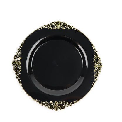 Gold Embossed Rim On 8 Inch Vintage Black Plastic Salad Plates Disposable