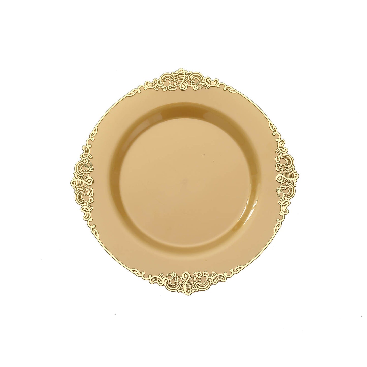 10 Pack | 8inch Round Plastic Dessert Salad Plates In Vintage Gold, Leaf Embossed Baroque