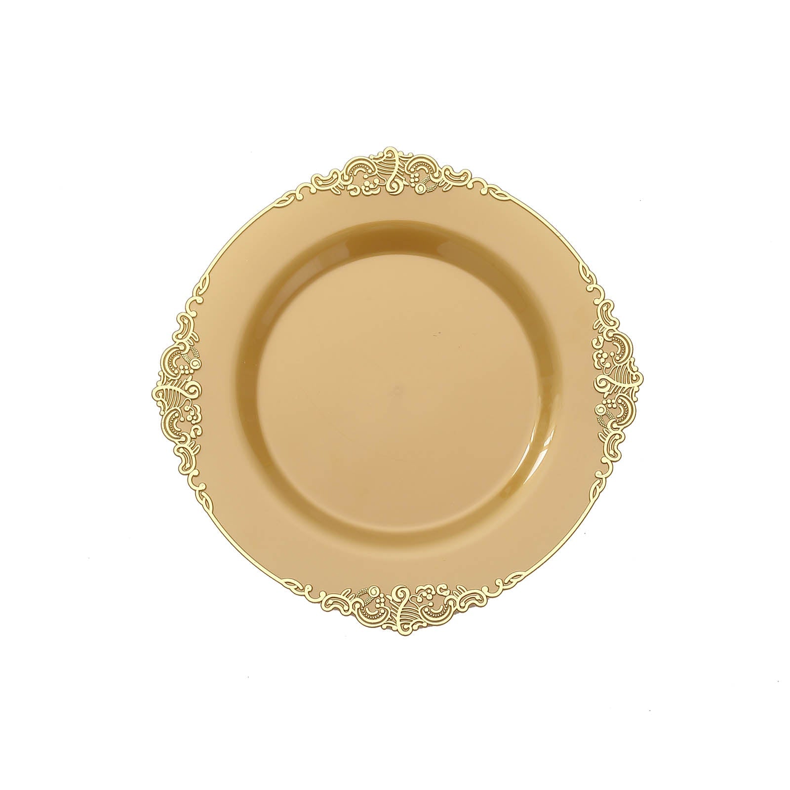 10 Pack | 8inch Round Plastic Dessert Salad Plates In Vintage Gold, Leaf Embossed Baroque