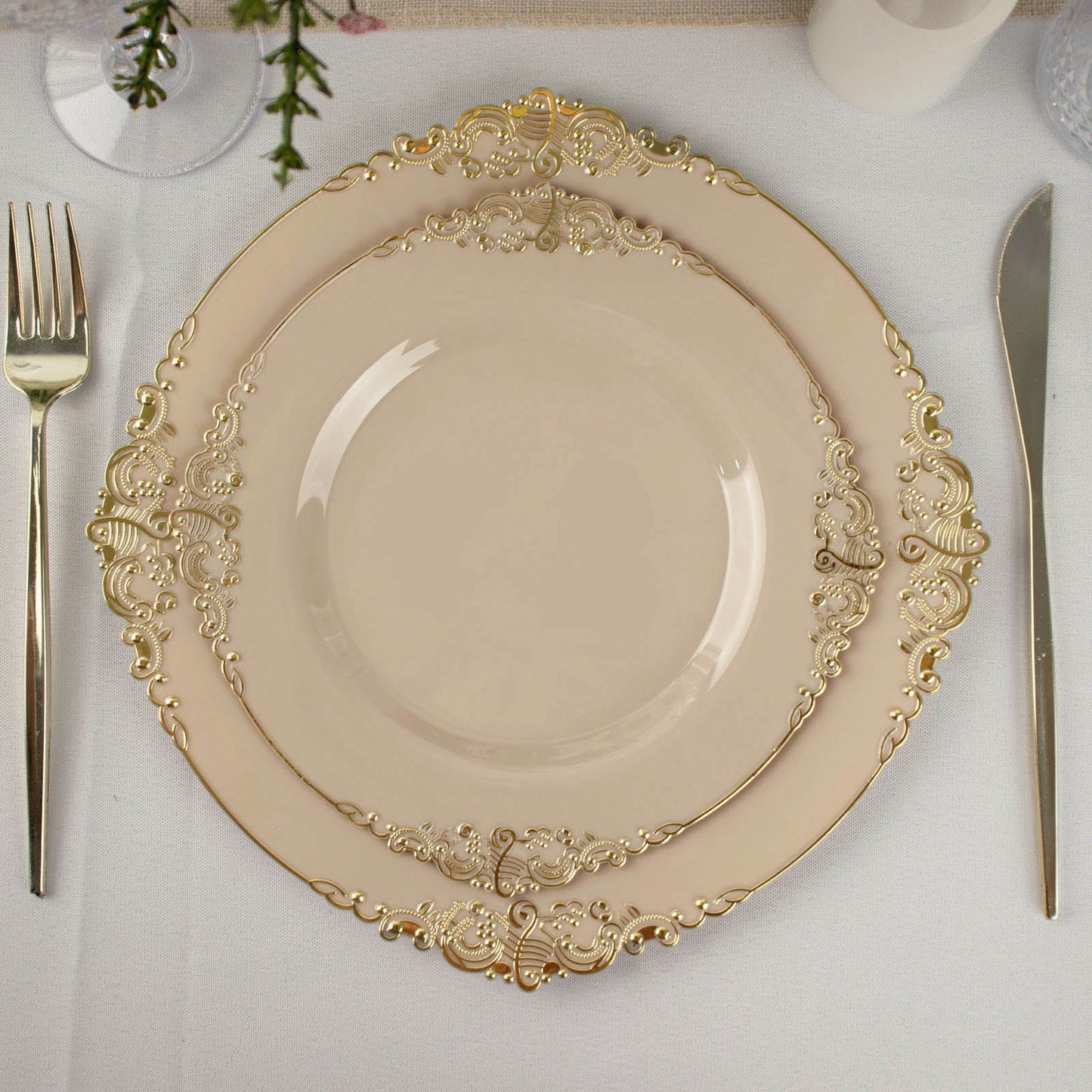 10 Pack 8" Taupe Plastic Salad Plates With Gold Leaf Embossed Baroque Rim, Round Disposable Appetizer Dessert Plates