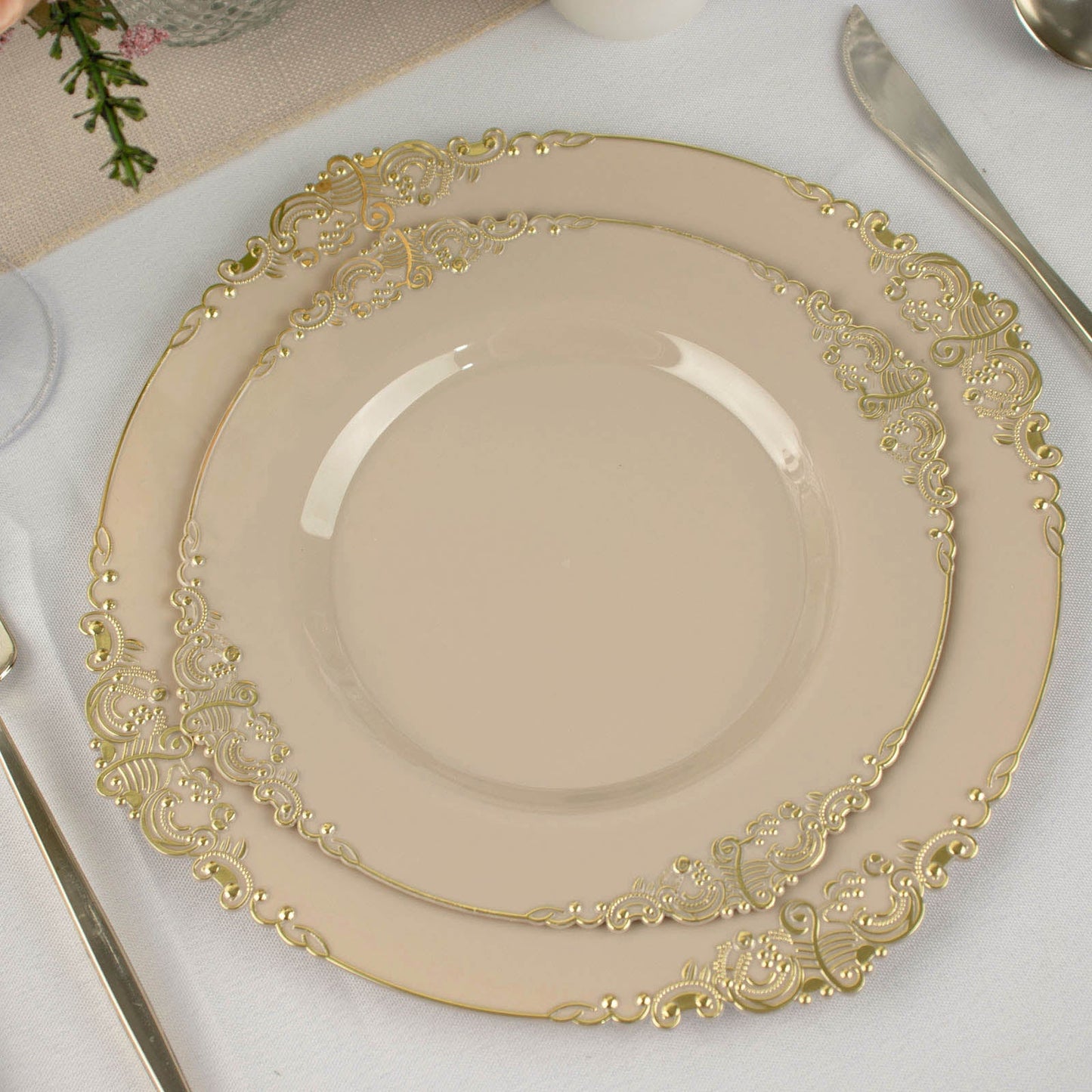 8 Inch Size Vintage Taupe Plastic Plates With Gold Leaf Embossed Rim Plates