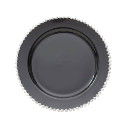 10 Pack | 10inch Black / Silver Beaded Rim Plastic Dinner Plates, Disposable Party Plates#whtbkgd