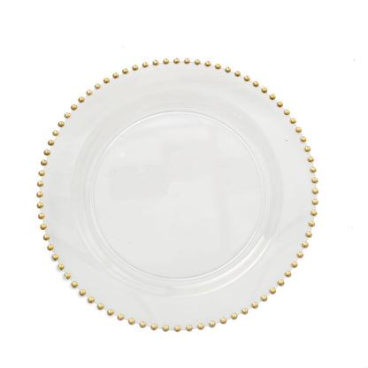 Clear Round Dinner Plates 10 Inches With Gold Beaded Rim Style Hard Plastic#whtbkgd