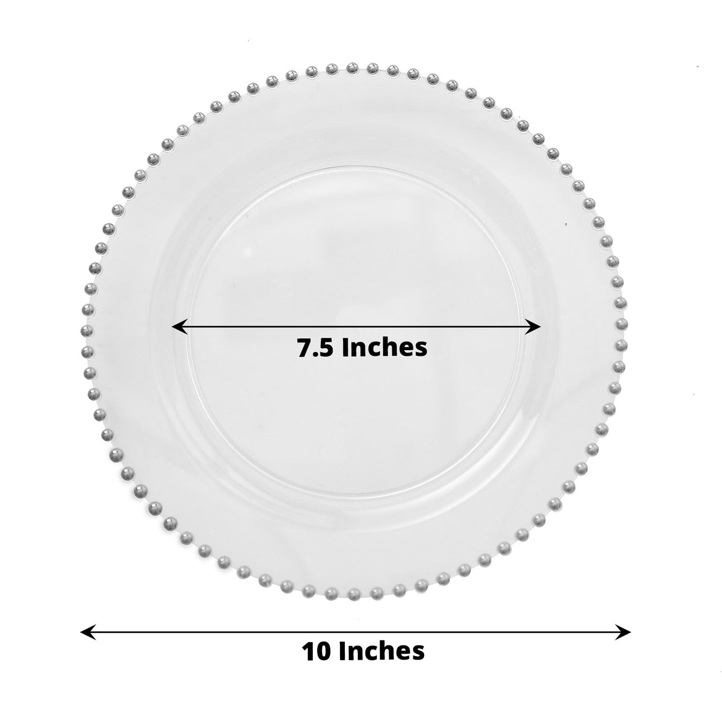 Clear plastic dinner plate with silver beaded rim, 10 inches in diameter.