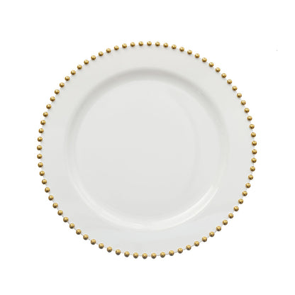 White Round Dinner Plates 10 Inches With Silver Beaded Rim Style Hard Plastic#whtbkgd