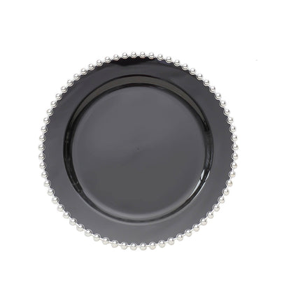 10 Pack | 8inch Black / Silver Beaded Rim Plastic Dessert Appetizer Plates, Salad Plates#whtbkgd