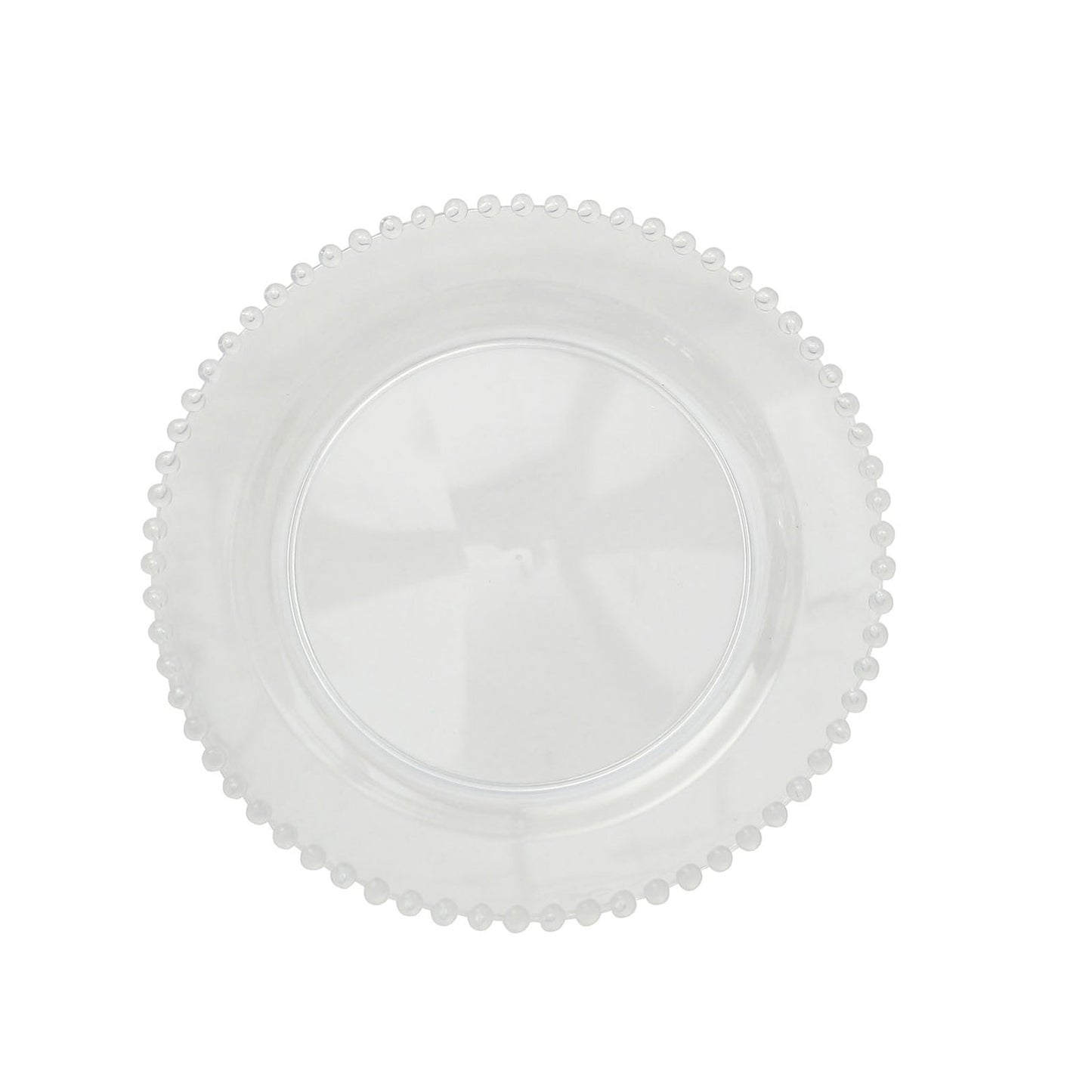Clear plastic dessert plate with beaded rim, 8" round, disposable for parties.