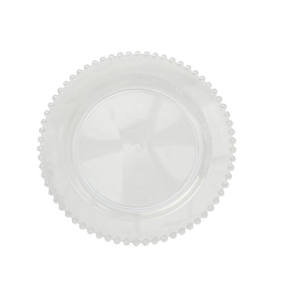 Clear plastic dessert plate with beaded rim, 8" round, disposable for parties.