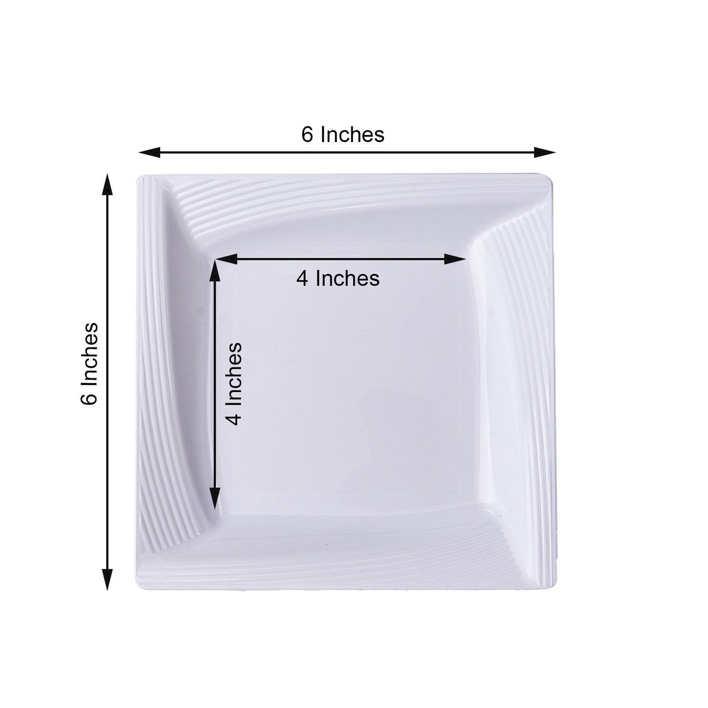 White geometric ridge trim plastic salad plate, 6 inches square, disposable.