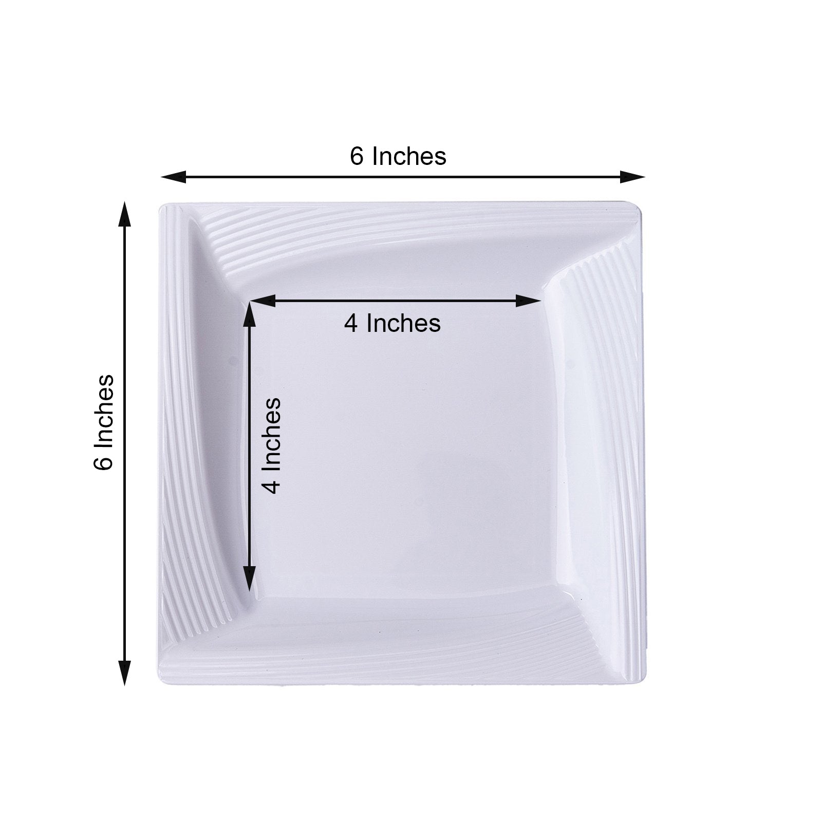 White geometric ridge trim plastic salad plate, 6 inches square, disposable.