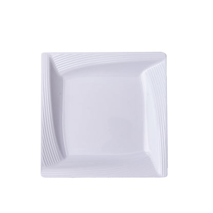 White 6" square geometric ridge trim plastic salad plate, disposable appetizer plate.