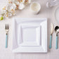 White 6" square geometric ridge trim plastic salad plates on a table setting.