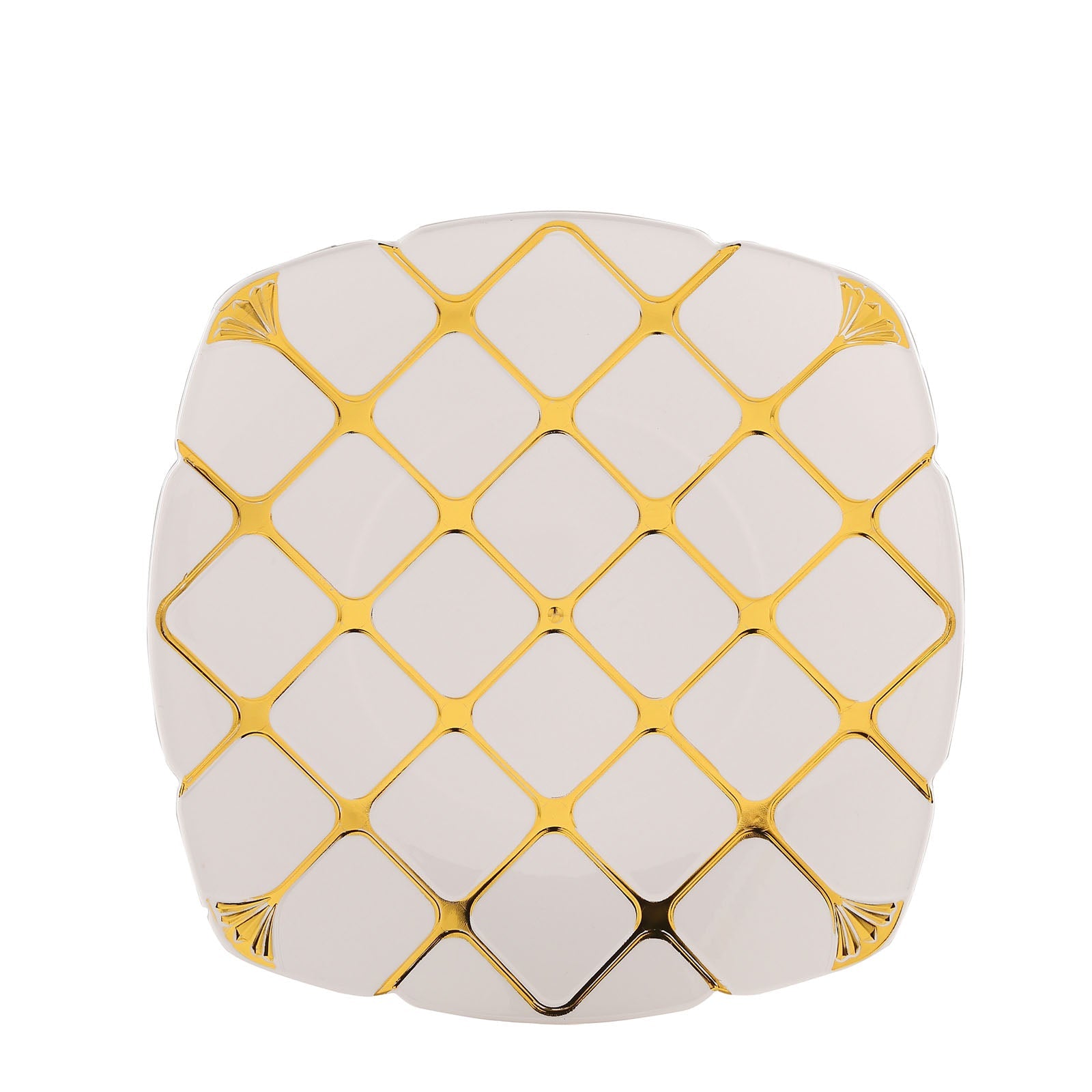 White and gold square geometric dinner plate, disposable party plates.