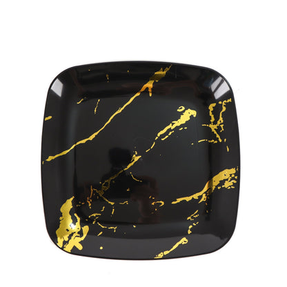 8" Black and Gold Marble Square Plastic Dessert Plate