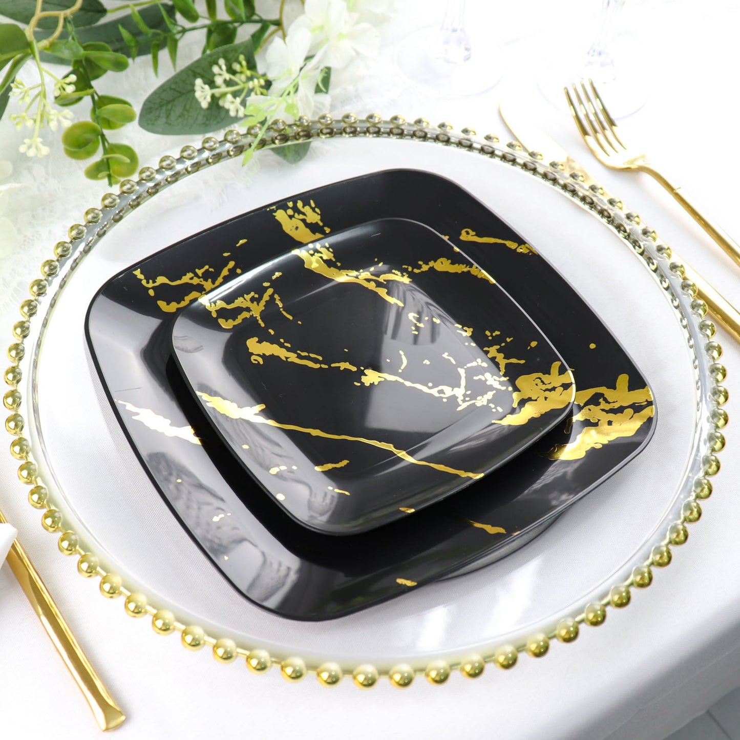 8" Black and Gold Marble Disposable Dessert Plates, 10 Pack