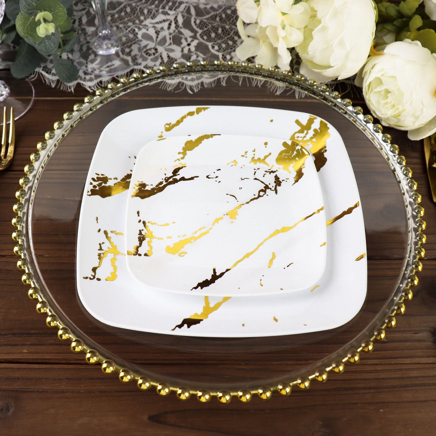 8" White and Gold Marble Square Disposable Dessert Plates, 10 Pack
