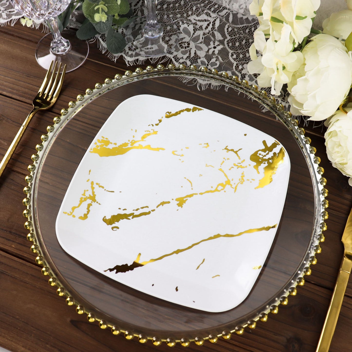 8" White and Gold Marble Square Plastic Dessert Plate, Disposable Appetizer Plate