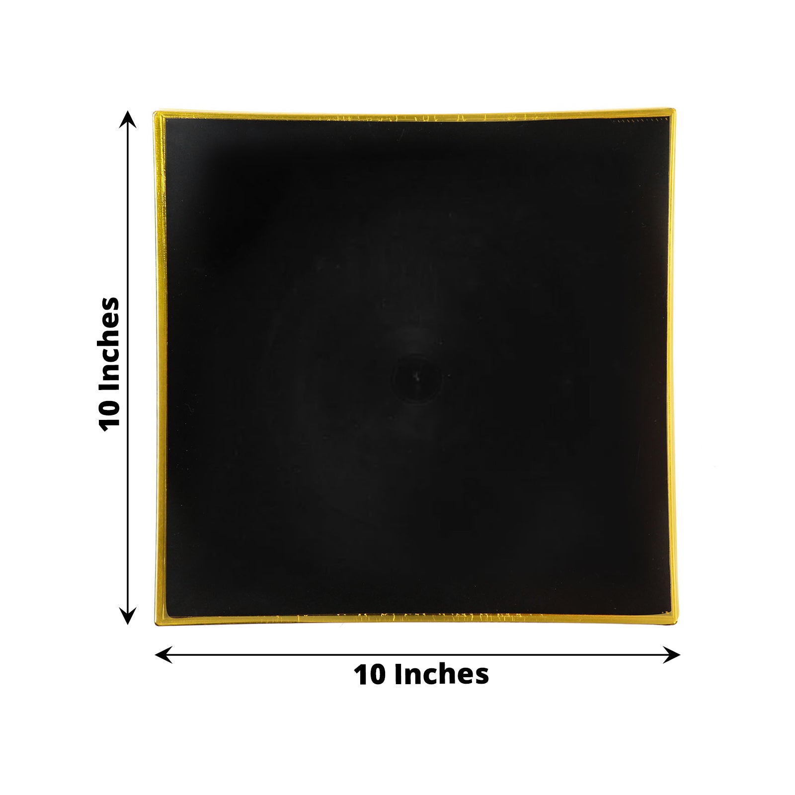 10" black and gold square disposable dinner plates for parties.