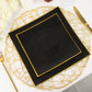 10" black and gold concave modern square disposable dinner plates.