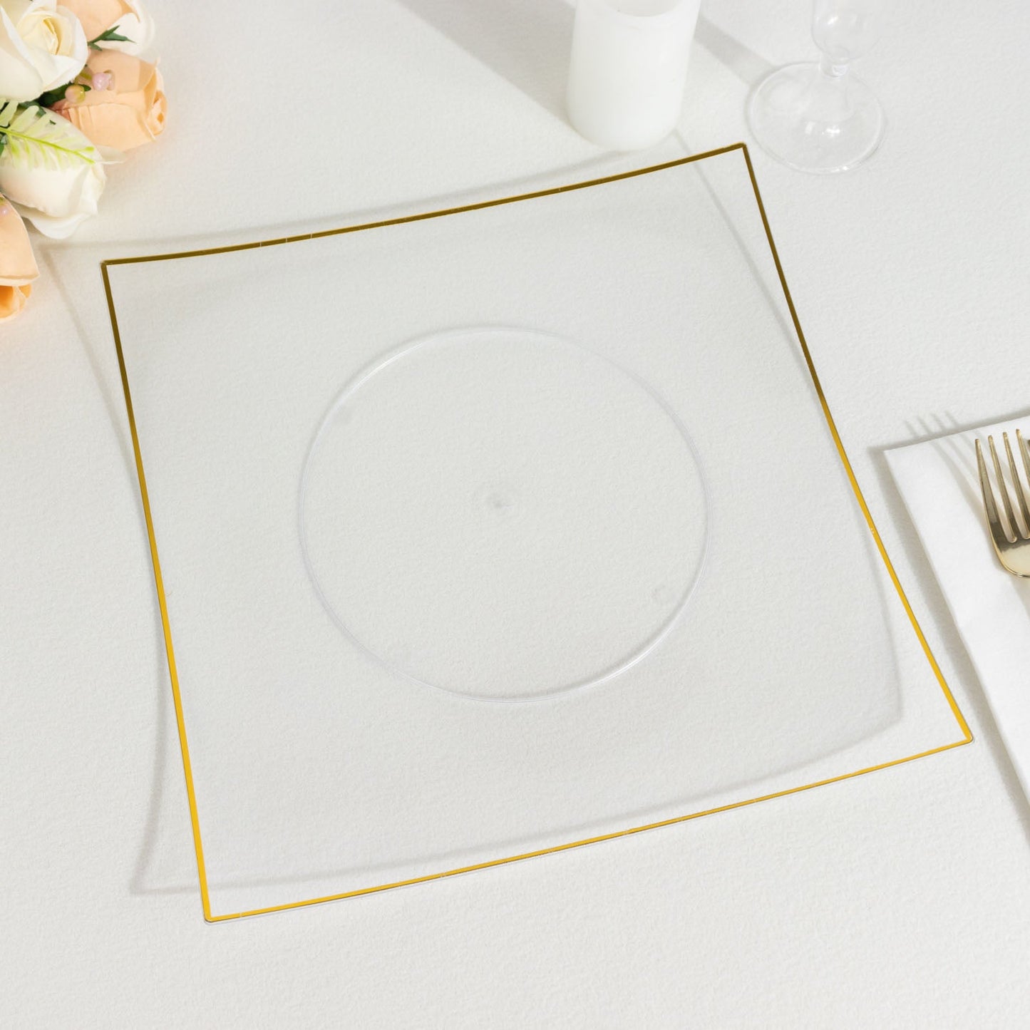 10 Pack | 10inch Clear / Gold Concave Modern Square Plastic Dinner Plates Disposable Party Plates