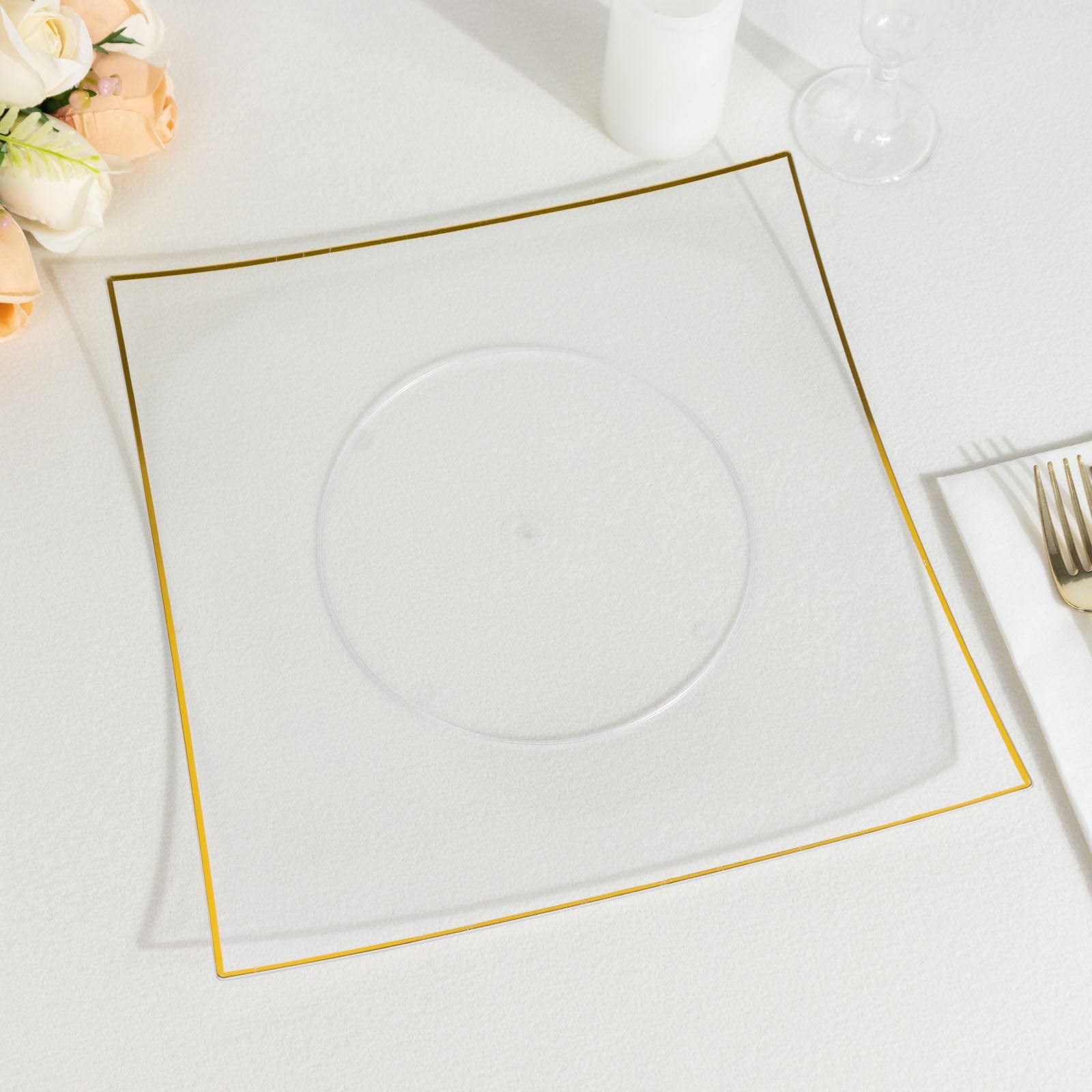 10 Pack | 10inch Clear / Gold Concave Modern Square Plastic Dinner Plates Disposable Party Plates