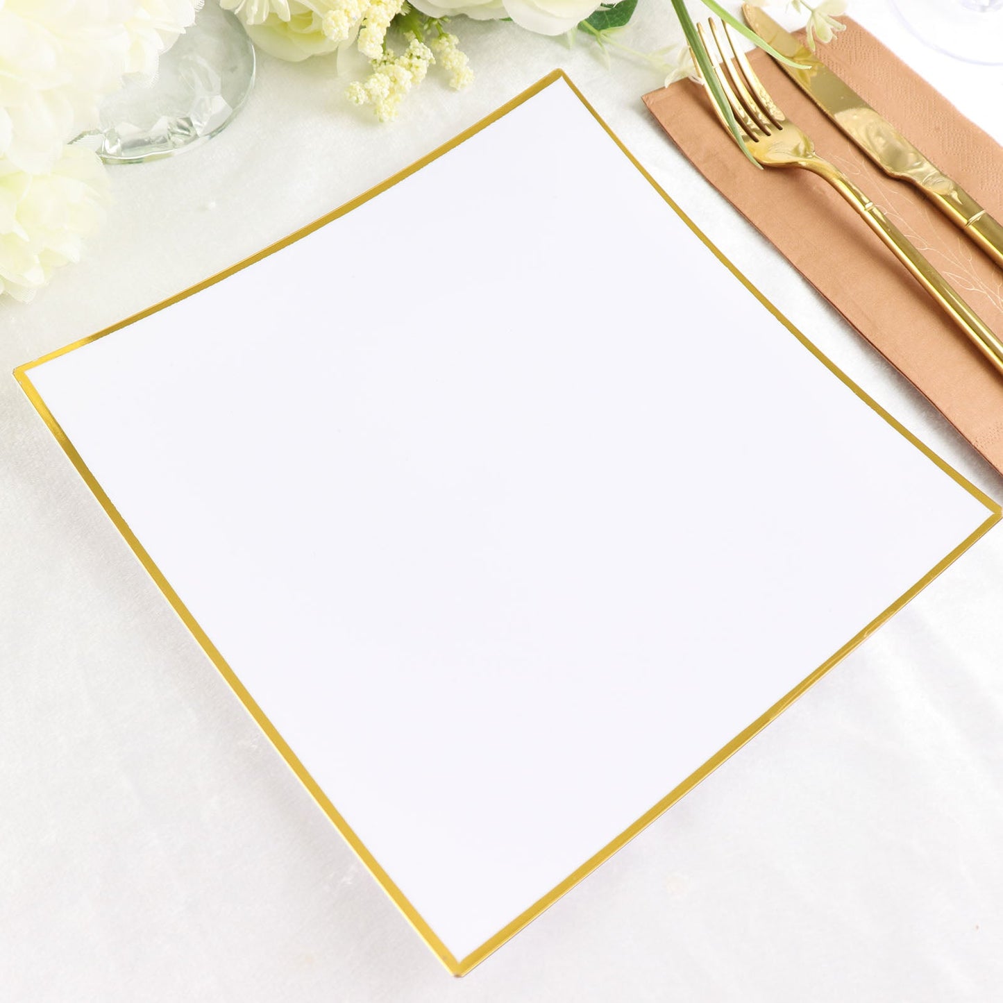 10 Pack | 10" White / Gold Concave Modern Square Plastic Dinner Plates, Disposable Party Plates