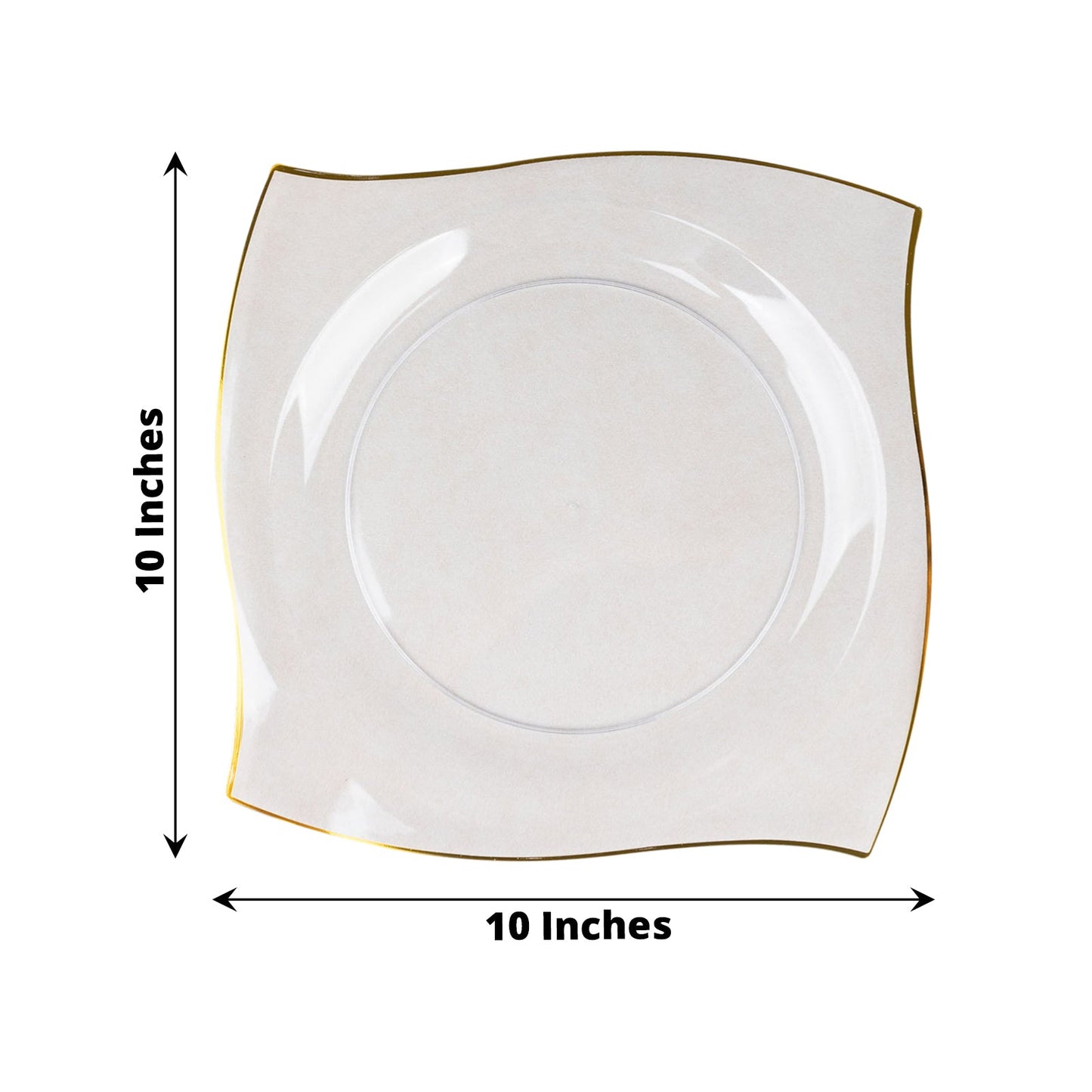 10" Clear / Gold Wavy Rim Square Plastic Dinner Plate, Disposable Party Plate