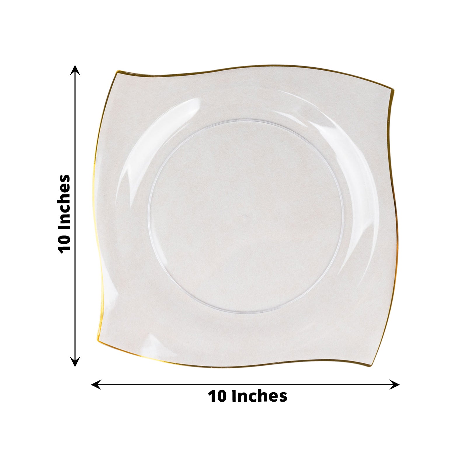 10" Clear / Gold Wavy Rim Square Plastic Dinner Plate, Disposable Party Plate