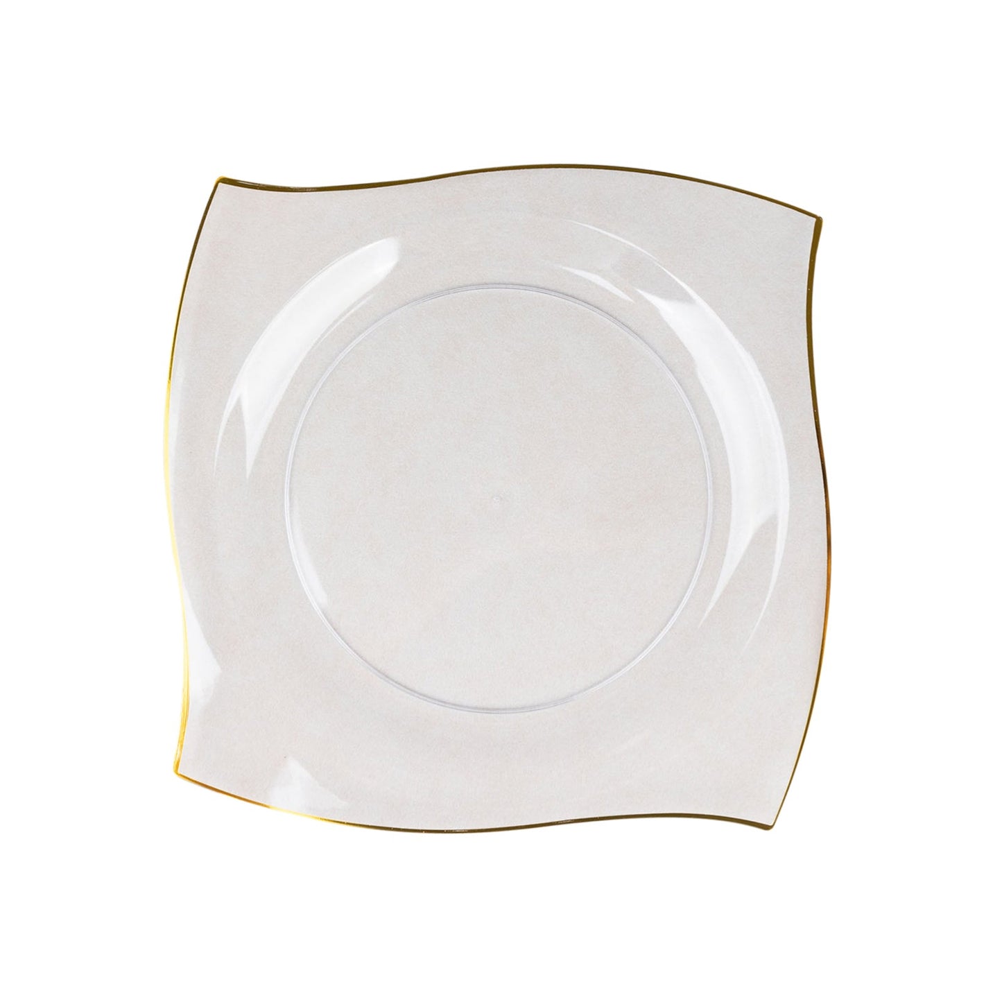 Clear and gold wavy rim modern square plastic dinner plate.