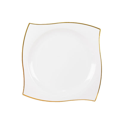 10" White and Gold Wavy Rim Square Plastic Dinner Plate