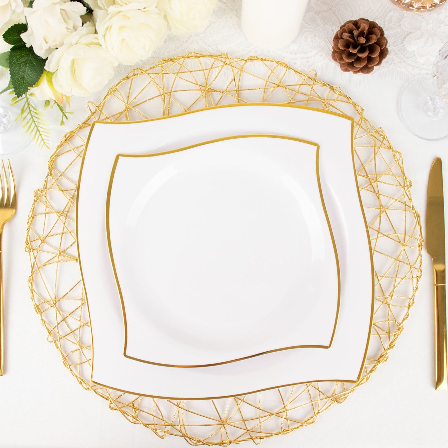 10" White and Gold Wavy Rim Modern Square Disposable Dinner Plates