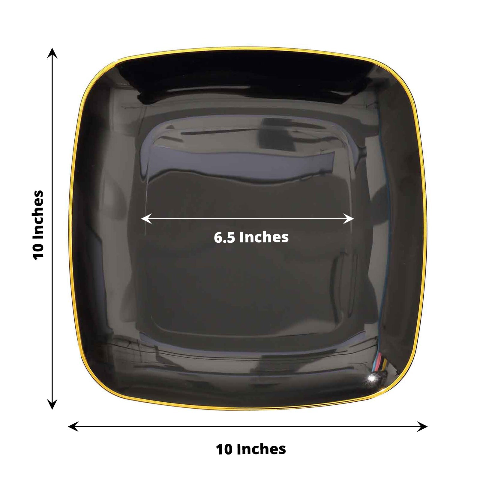 10" black square plastic dinner plate with gold rim, disposable lunch party plates.