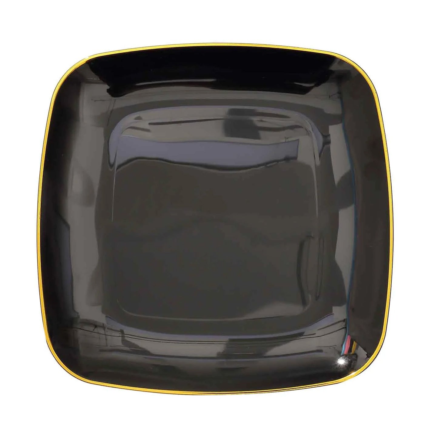 Black square dinner plate with a gold rim, disposable party tableware.
