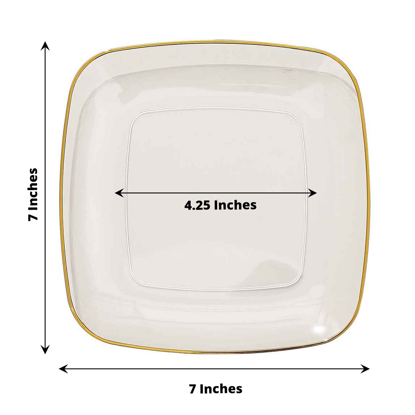 Clear plastic dessert plate with gold rim, 7 inches square.