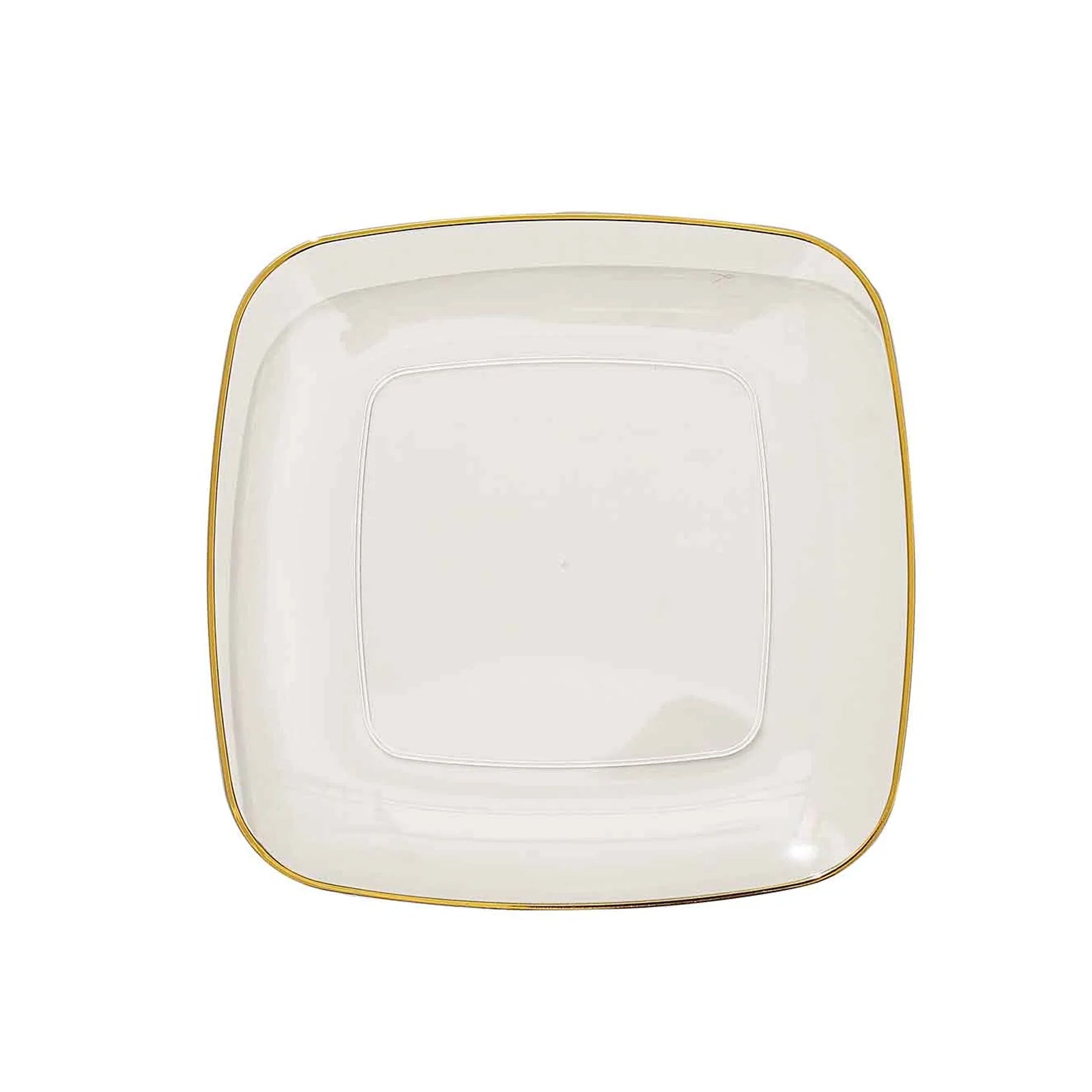 Clear with gold rim square plastic dessert party plate.