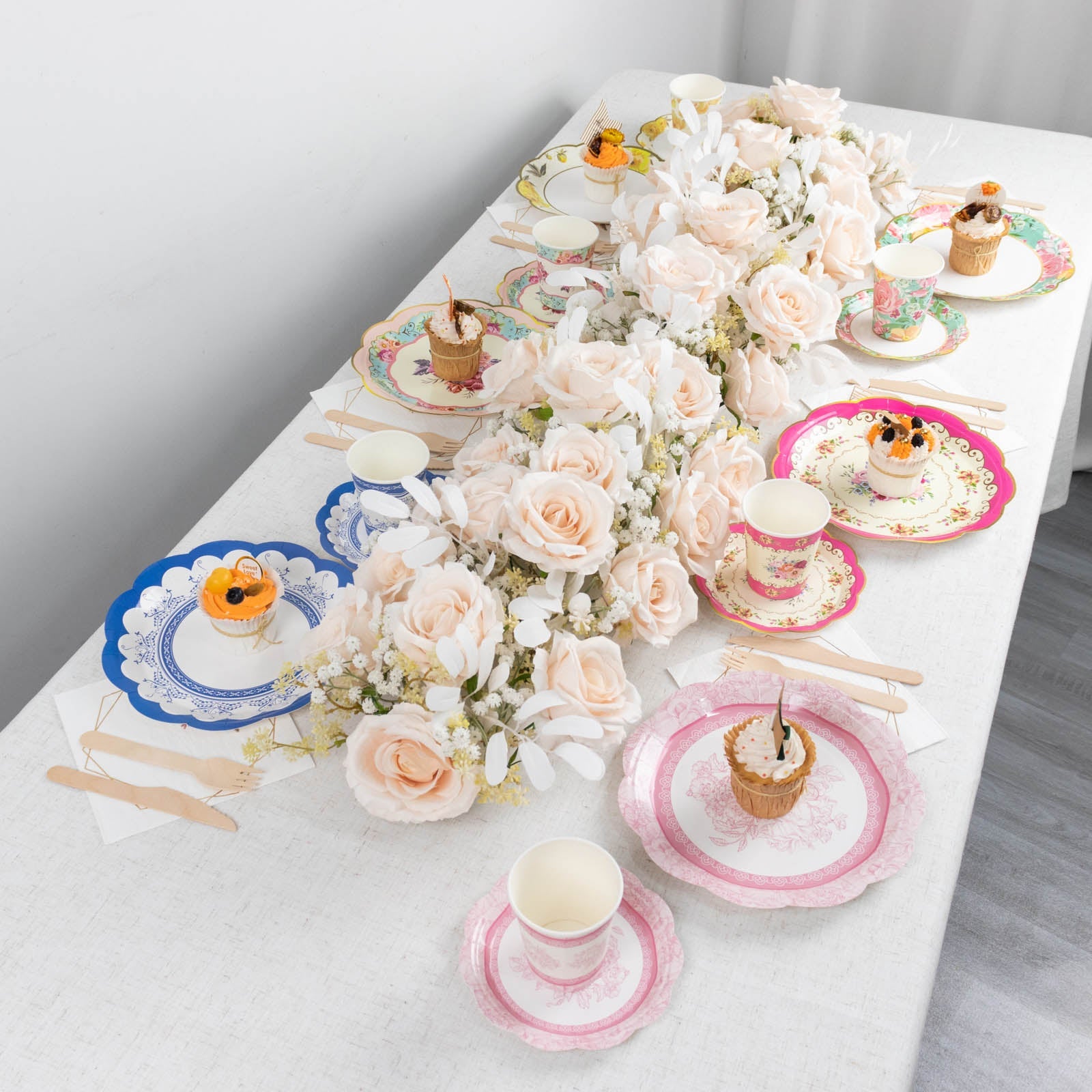 24 Pack | Vintage Mixed Floral Paper Tea Cup And Saucer Set