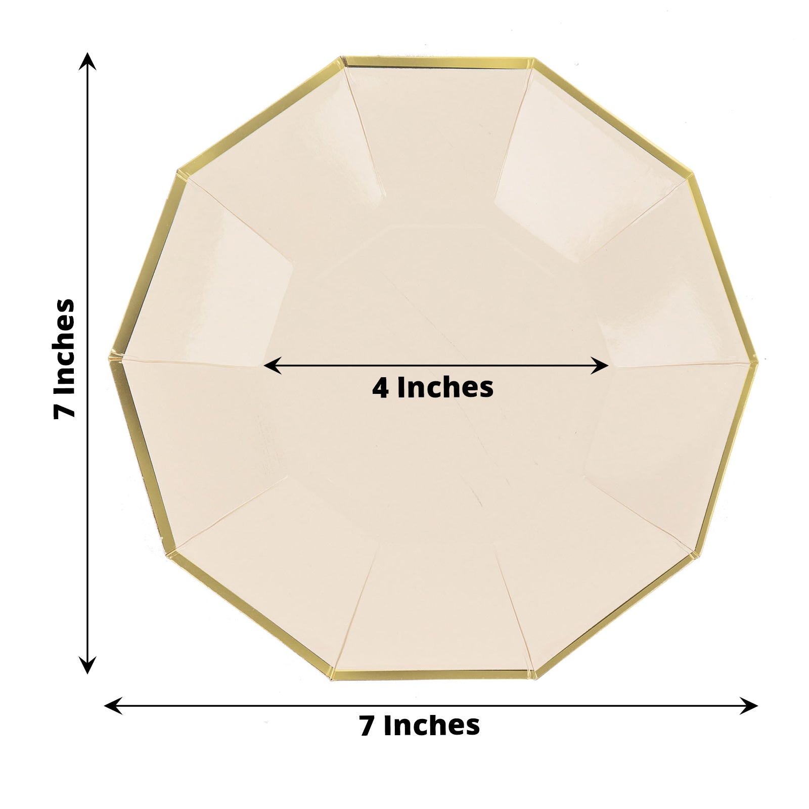 25 Pack 7 Inch Beige Paper Plates with Gold Foil Geometric Rim Decagon Design