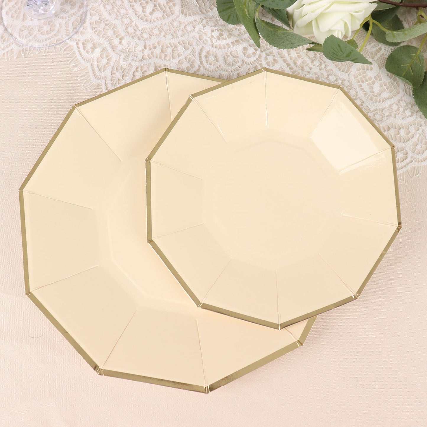 25 Pack | 7" Beige Gold Foil Rim Geometric Appetizer Paper Plates, Decagon Dessert / Salad Plates