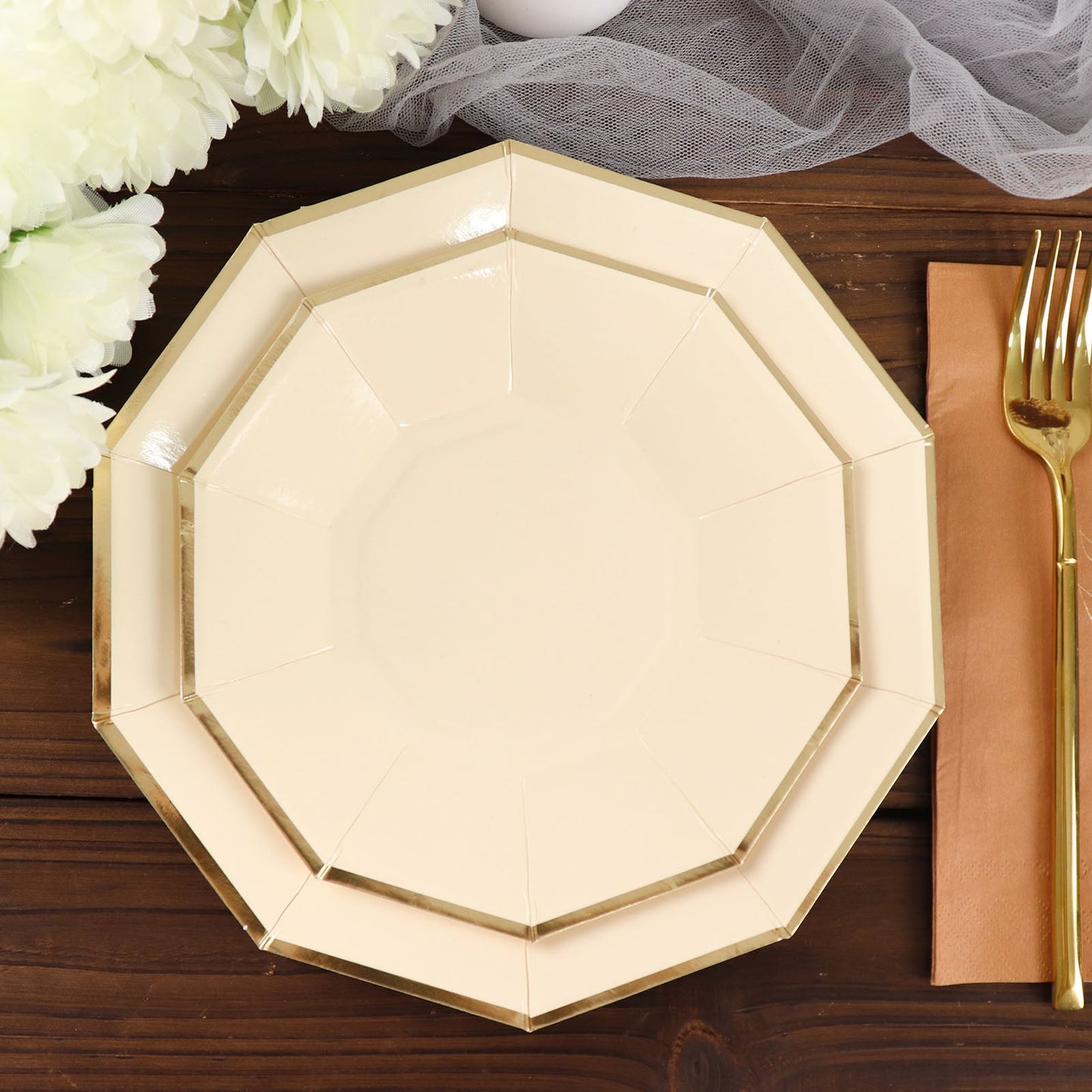 7 Inch Geometric Gold Foil Rim Decagon Design on Beige Paper Plates 25 Pack