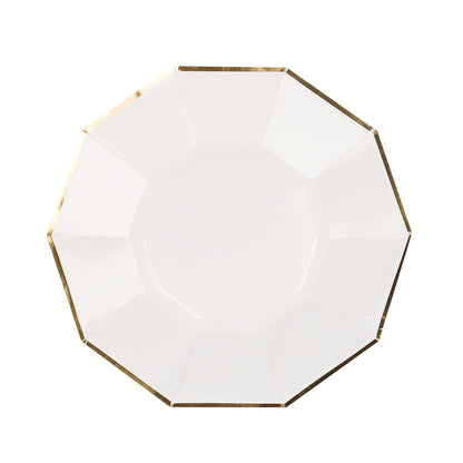 White 7 Inch Geometric Paper Plate with Gold Foil Rim for Dessert or Appetizer#whtbkgd