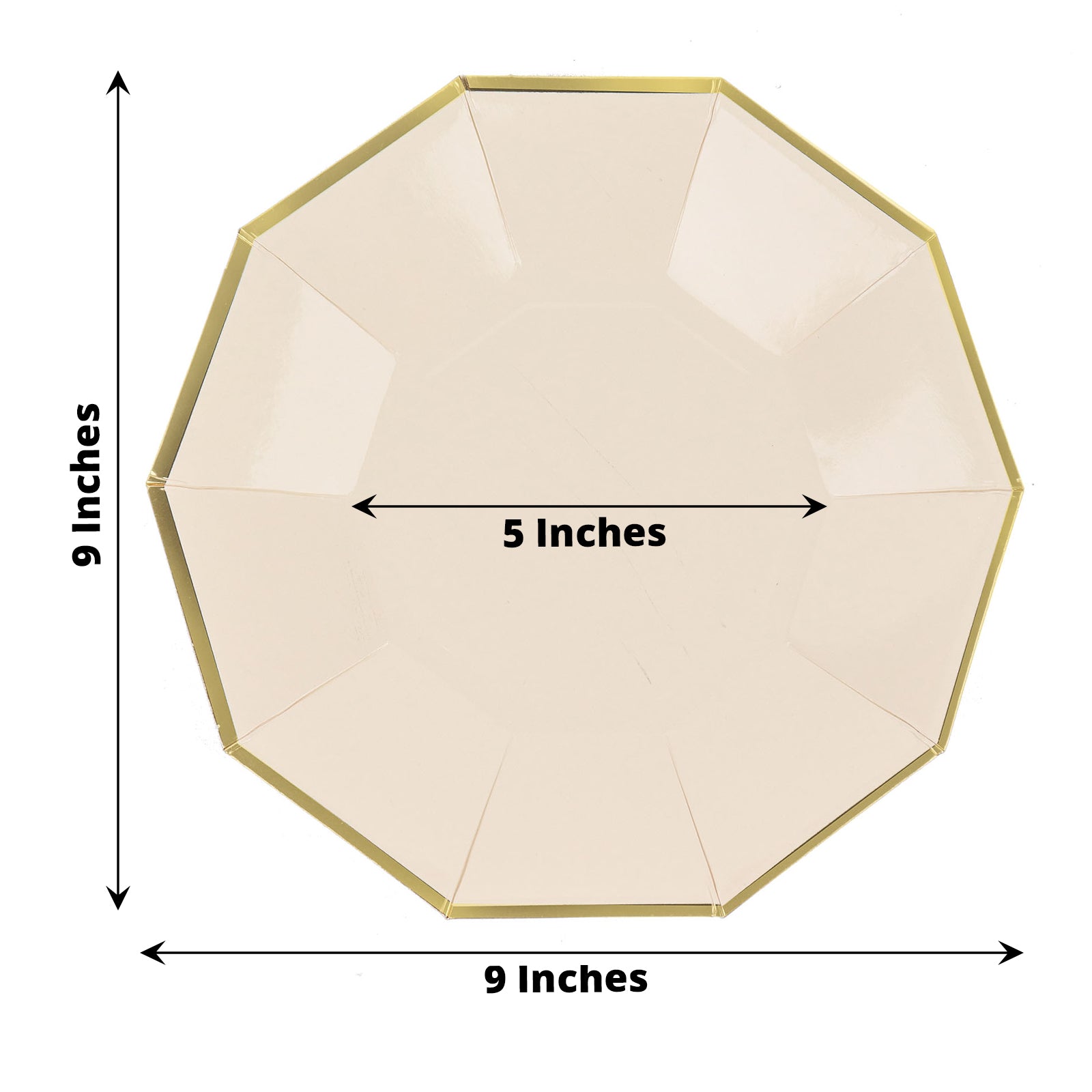 25 Pack 9 Inch Beige Paper Plates with Gold Foil Geometric Rim Decagon Design