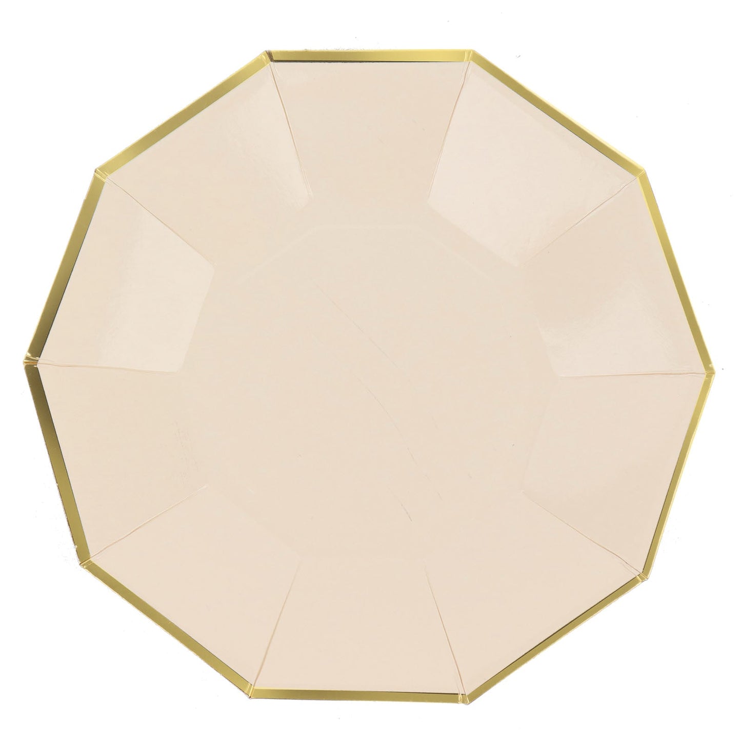 25 Pack Beige Geometric Paper Plates with Gold Rim Decagon Design 9 Inch