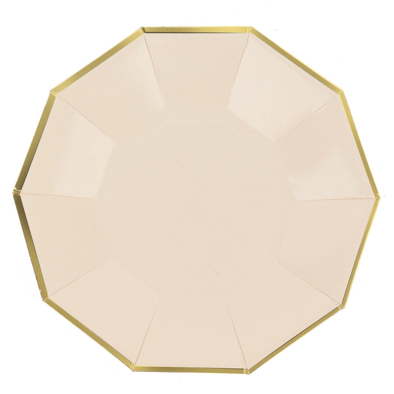 25 Pack Beige Geometric Paper Plates with Gold Rim Decagon Design 9 Inch