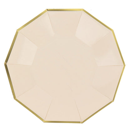 25 Pack Beige Geometric Paper Plates with Gold Rim Decagon Design 9 Inch