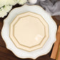 25 Pack 9 Inch Gold Foil Rim Geometric Decagon Design on Beige Paper Plates