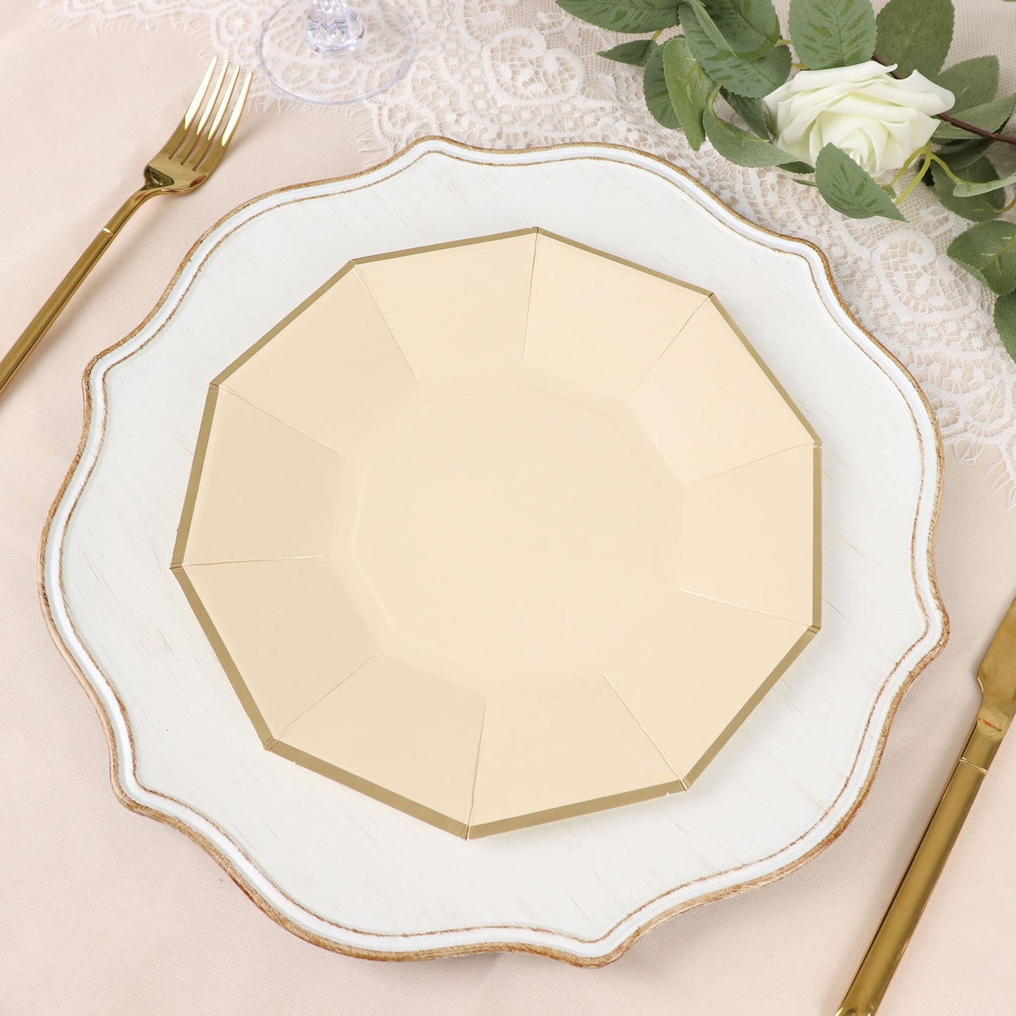 25 Pack | 9" Beige Gold Foil Rim Geometric Dinner Paper Plates, Decagon Disposable Plates